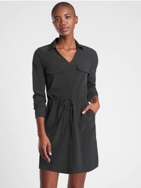 Athleta Zuma Black Long-sleeve V-neck Drawstring Shirt Dress